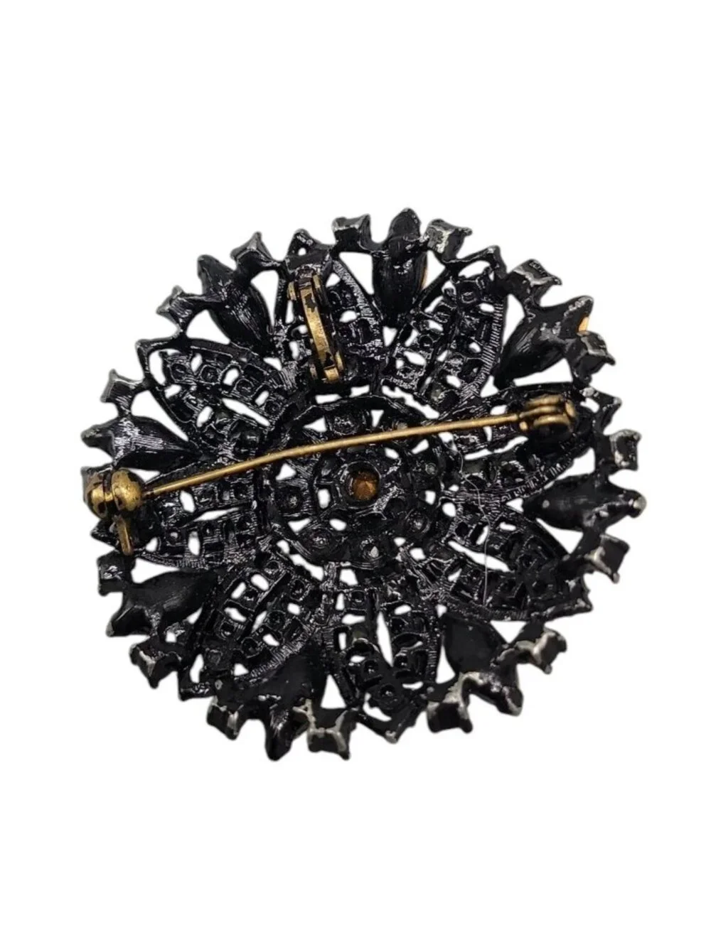 Vintage Style Aurora Borealis Rhinestone Brooch Pendant Domed Black Starburst